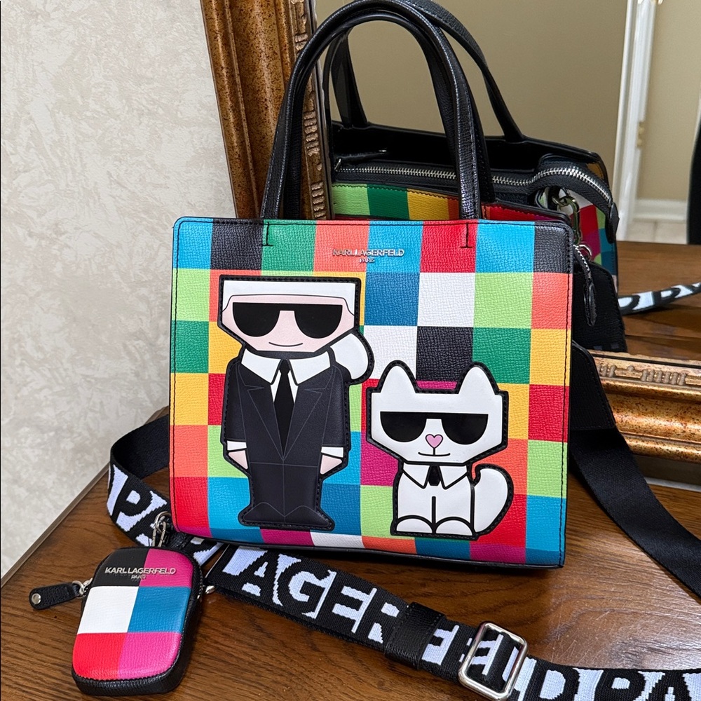 Karl Lagerfeld Colorful Checkered Tote/crossbody with iconic characters. Zip.